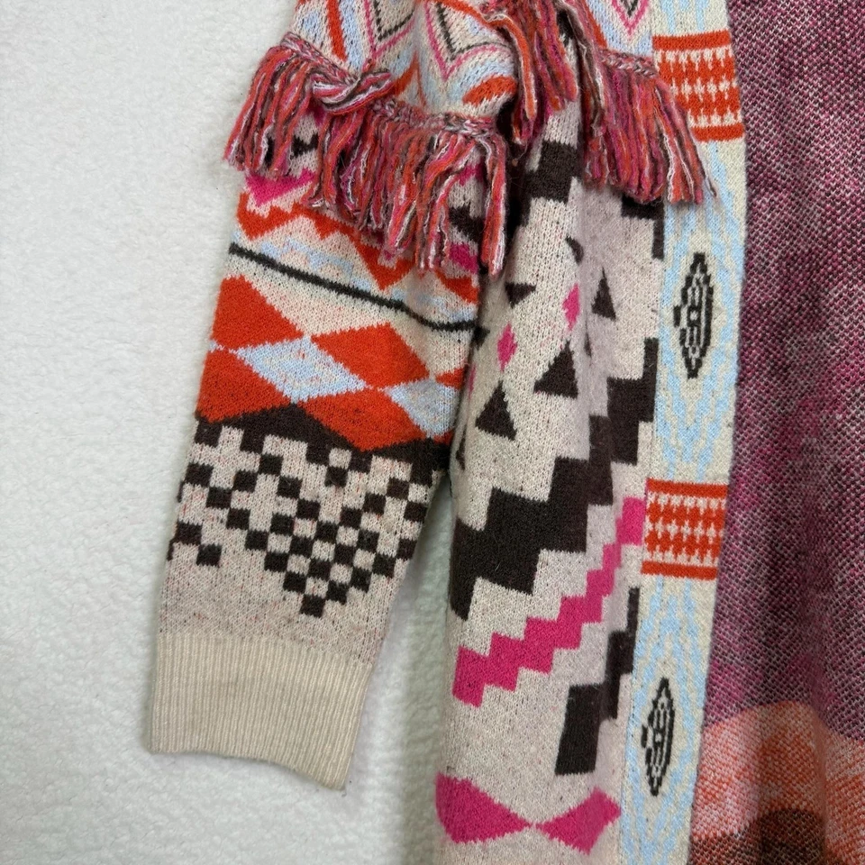 Cardigã THML Suéter Feminino Pequeno Multicolorido Franja Asteca Frente Aberta Malha Boho - Imagem 4 de 4