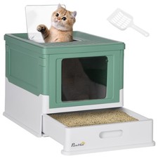 Covered Hooded Cat Litter Box w/ Front Entry Top Exit Pull-Out Tray Scoop Green