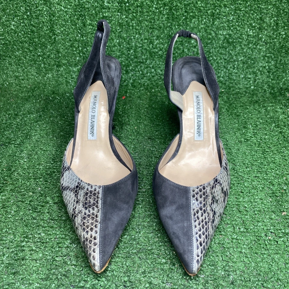 Manolo Blahnik Snake Skin / Gray Suede Slingback 3” Heels Size 10 M Italy Made - Image 4 of 4