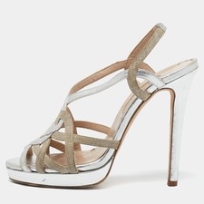 Oscar de la Renta SilverBeige Leather and Canvas Platform Sandals Size 38.5