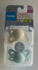 MAM 2 Pk Pacifier Matte Collection Cream & Green  0-6 Month Colors Of Nature BP1