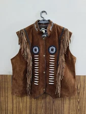 Men Native Traditional Western Cowboy Leather vest Fringe & Beaded