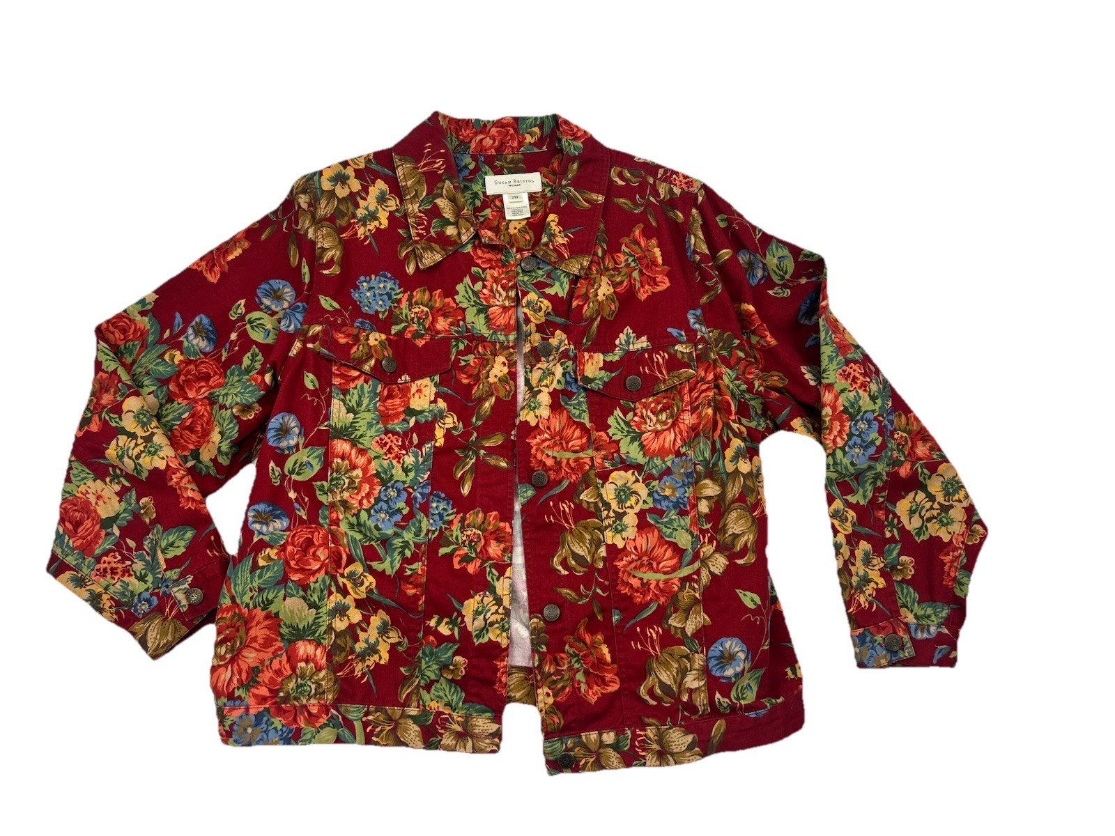 Susan Bristol Jacket Womens Red Floral 100% Cotton Denim Cottage Size 2w