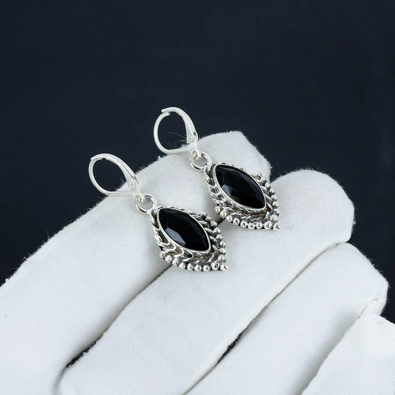 925 Sterling Silver Black Spinel Gemstone Handmade Jewelry Earring Size-1" - Image 2 of 4