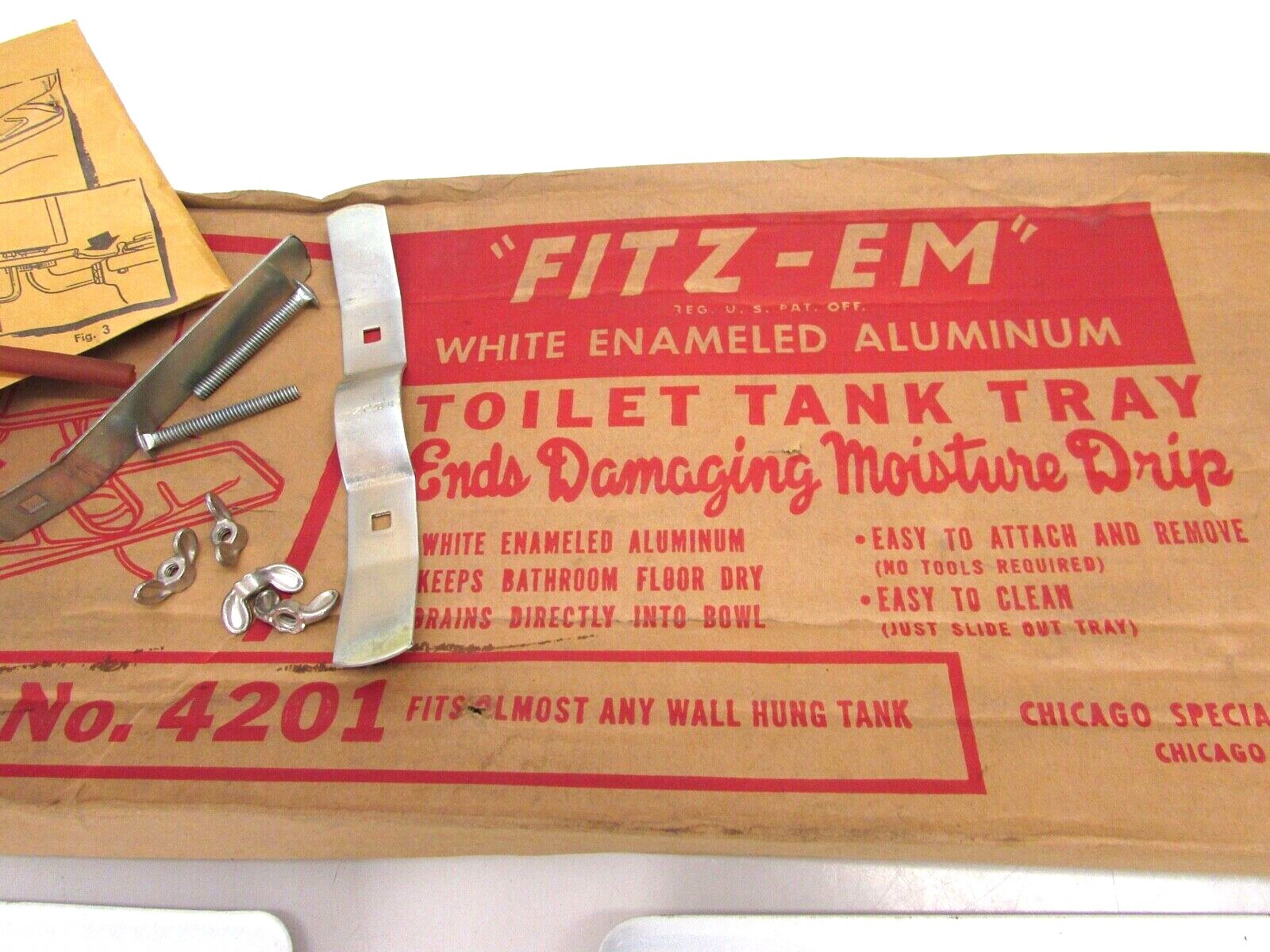 NOS! CHICAGO SPECIALTY "FITZEM" TOILET TANK DRIP TRAY, WHITE, No. 4201