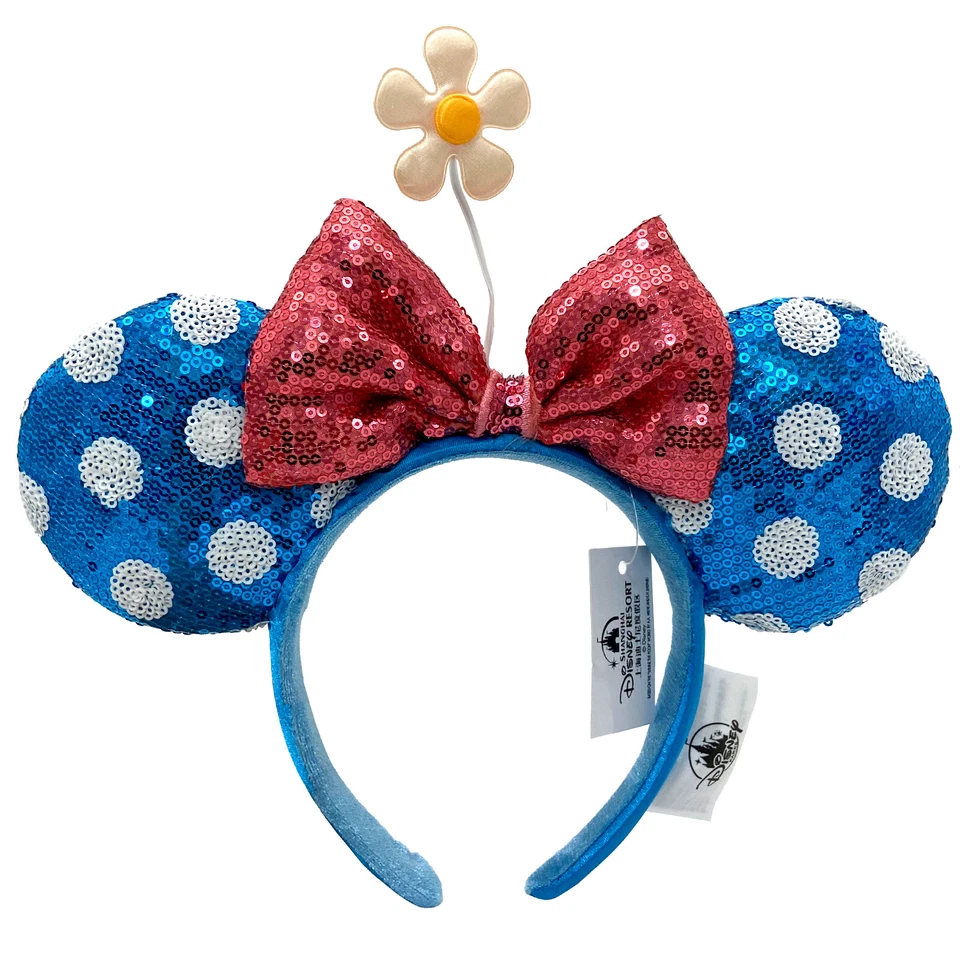 Diadema pequeña flor lentejuelas lazo orejas de Minnie azul lunares blancos parques Disney Foto 4 de 4