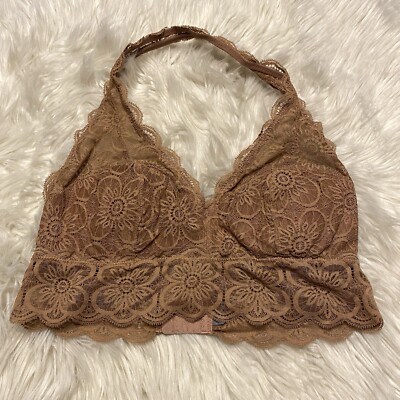 Aerie Medium Bralette Brown Lace Halter Wireless Back Closure