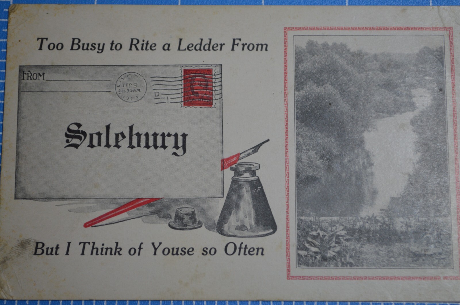 Solebury Bucks County PA Letter Writing Pen Inkwell Scenic 1913 Posted Postcard