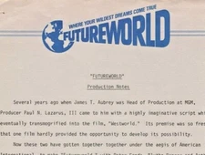 Futureworld 1976 Movie Letterhead Production Notes Cast Press Kit Arkoff *P15d