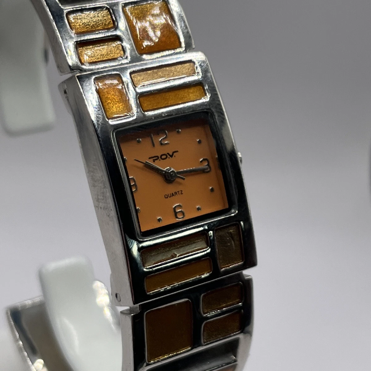 P.O.V. Ladies Quartz Watch Orange Geometric Design Bangle Cuff New Battery