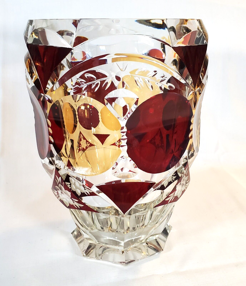 Vintage Cut to Clear Ruby Red and Amber Faceted Large Crystal Vase eBay