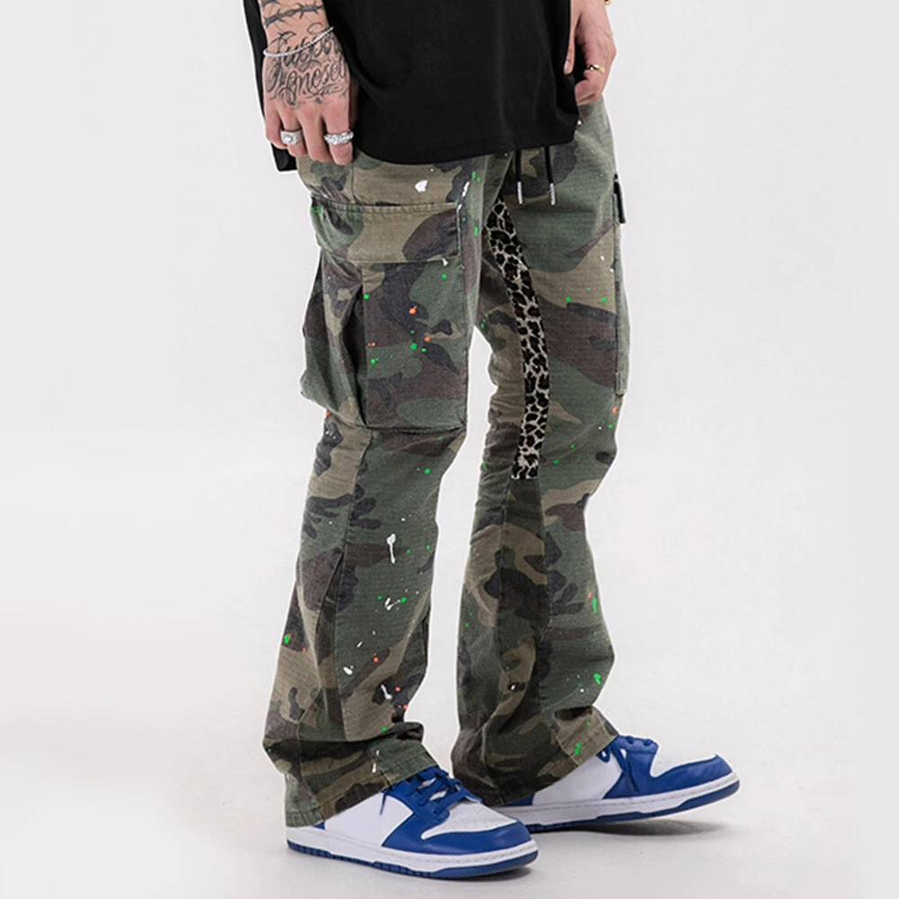 Mens Cargo Camo Pants Flare Bell Bottom Trousers Pockets Leopard