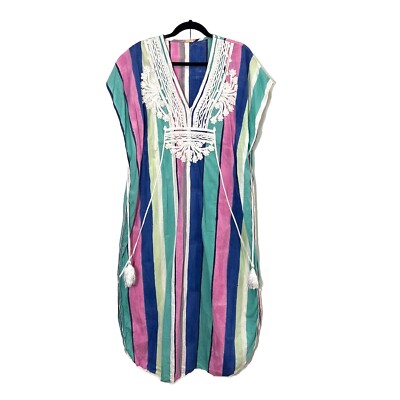 Matta Kaftan Midi Dress Striped Multicolor Cotton Rainbow Embroidered One  Size | eBay
