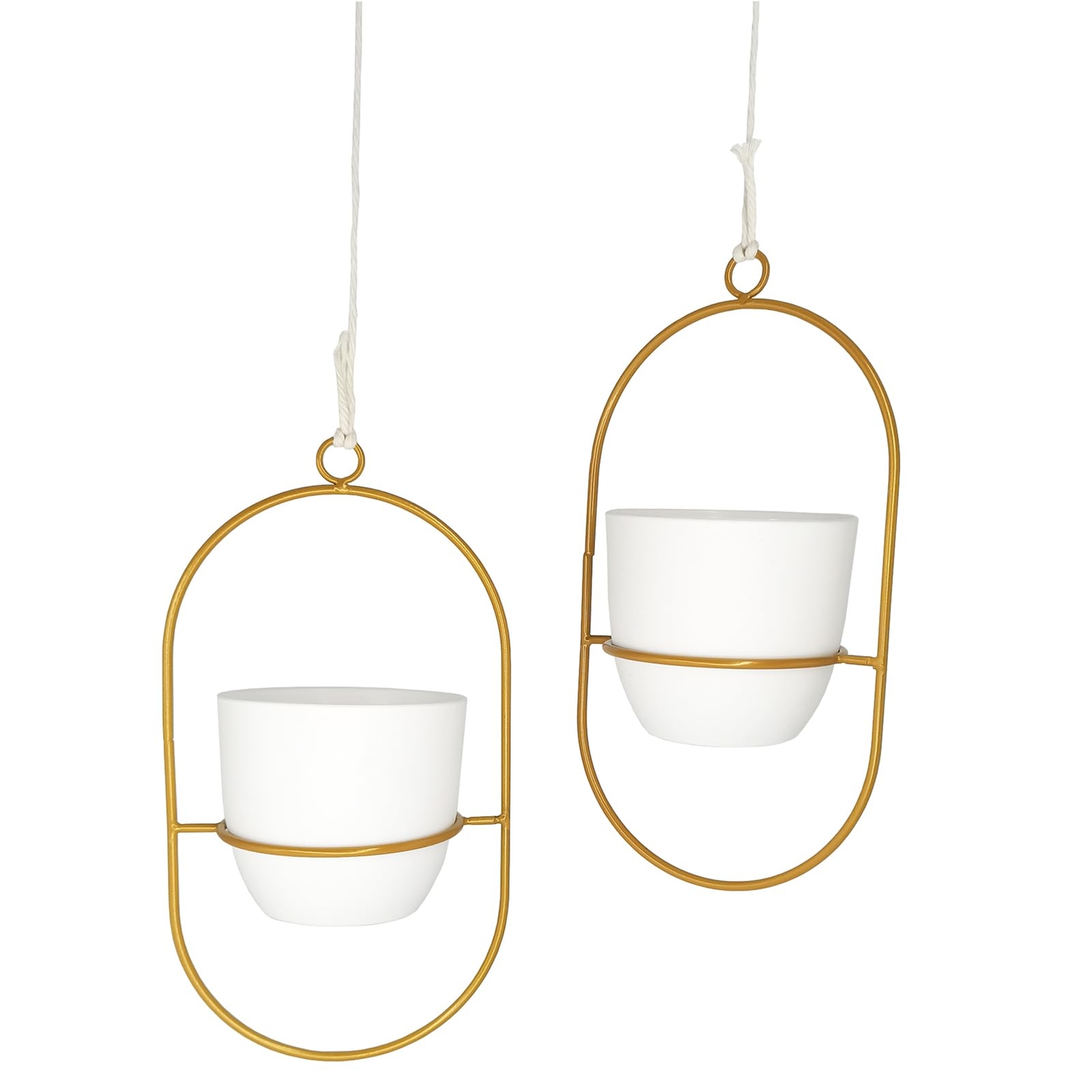 2 Pcs Metal Hanging Planter with Plastic Pots, Oval Wall Hanging Flower