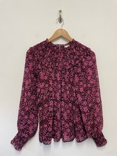 Hush Emory Floral Blouse Size 12 Pink Frill Neck Yoke Balloon Sleeves Chiffon