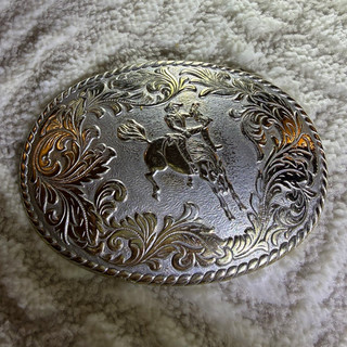 Oval Western Americana Cowboy on Bucking Horse Engraved Scroll Belt Buckle