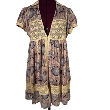 Free People x Anna Sui Anthropologie Baby Doll Floral Lace Mini Dress S Boho