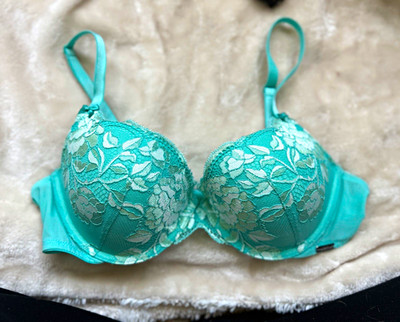 Adore Me 36C Underwire Bra Turquoise Floral Lace Semi-Sheer Hook & Eye