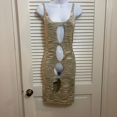 Sorelle UK Knit Cut Out Midi Dress Pearl Button Beige Shimmer NWT UK 8 US 4