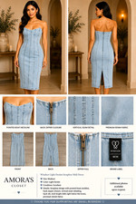 Windsor Strapless Denim Bodycon Midi Dress Blue Solid Zip Back Slit M