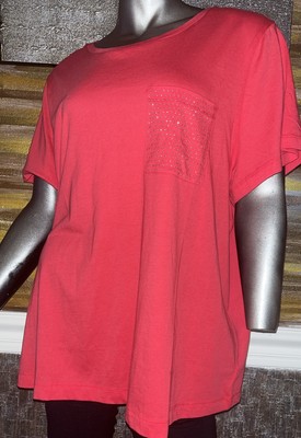DKNY Cotton Blend T Shirt Red  Top MSRP $49 Plus Size 1X New