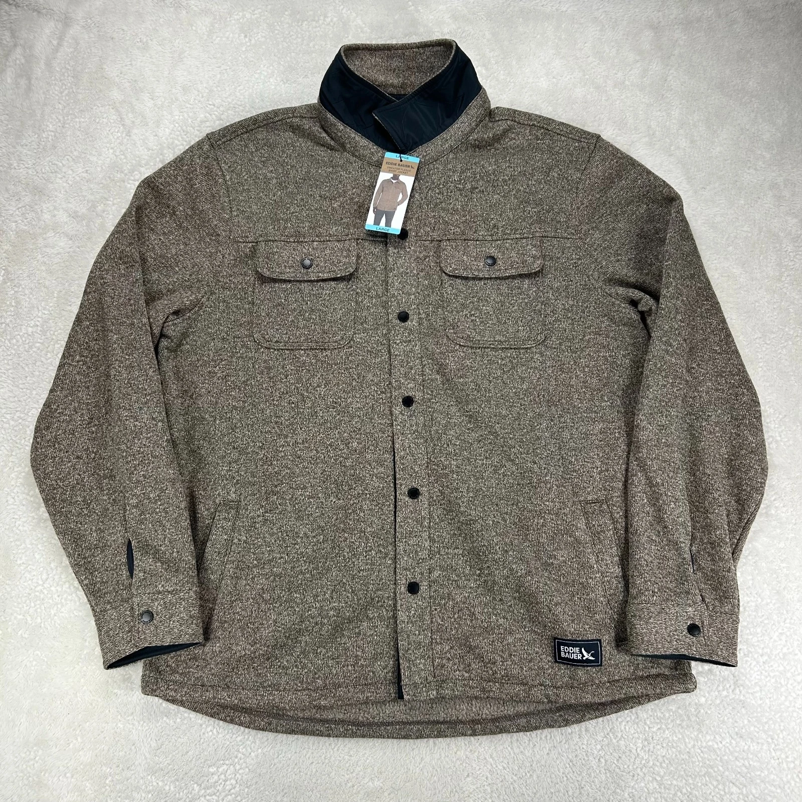 NWT Eddie Bauer Sweater Fleece Shirt Jacket Mens L Turkish Coffee Outdoor Logo