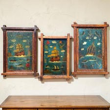 Three Antique Sailors Folk Art Naive Martime Ship Paintings Arts & Crafts Tramp