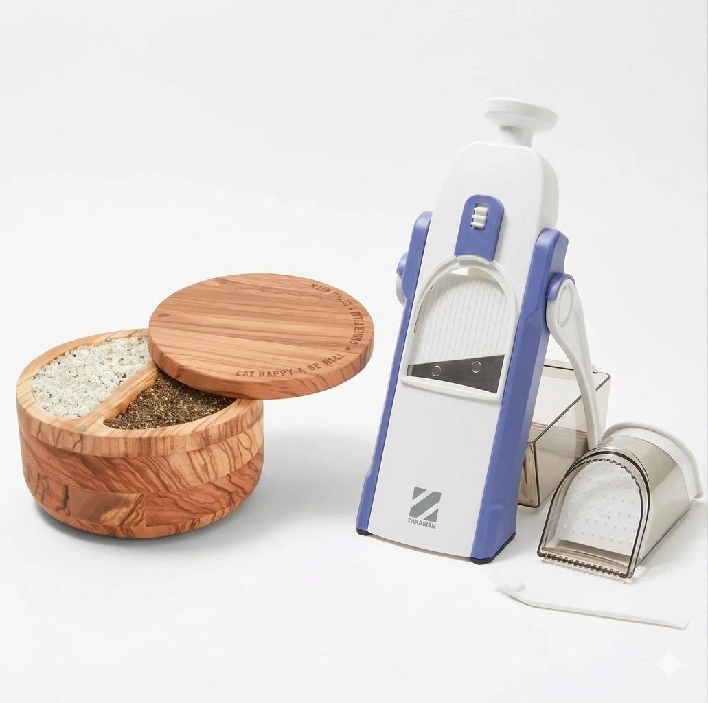 DASH Safe Slice Upright Mandolin Eggplant + DASH Divided Olivewood Salt Cellar