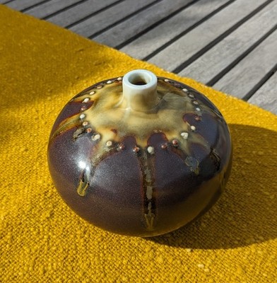 Hakusan Japan Ikebana Bud Vase by Masahiro Mori Glazed Ceramic Round