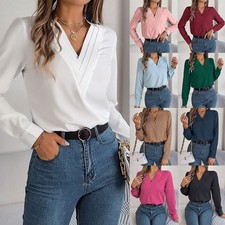 Women Elegant V Neck Blouse Ladies Long Sleeve Work Office Shirt Layered Smart T