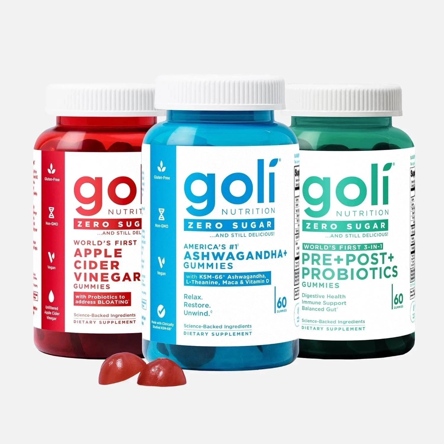 Goli Zero Sugar Best Seller Trio Set Gummies, 60 Counts Per Bottle