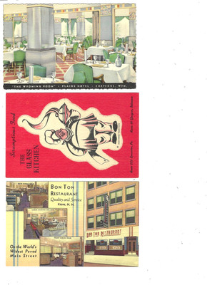 (3) Restaurant Advertising Postcards - Wyoming Room & Glass Kitchen &Bon Ton
