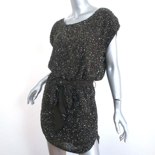 Haute Hippie Beaded Tie-Waist Mini Dress Charcoal Chiffon Size Extra Small - Picture 2 of 7