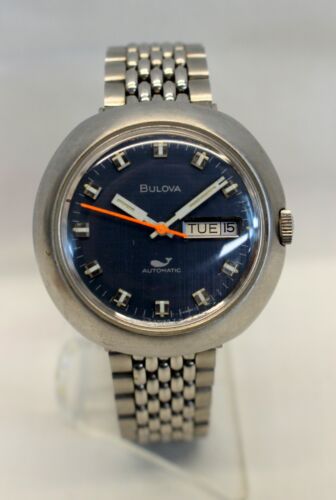 Vintage 1970 BULOVA SEA KING "Whale" Automatic Watch BLUE DIAL Stainless Steel