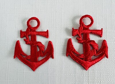 2 Stück Vintage Bügelbild bestickt Anker Aufnäher Motive Maritim Borten 55 mm rot