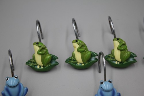 Green Blue Frogs Toads Lily Pads Shower Curtain Hooks Set Of 10 Replacement HTF - Picture 2 of 9