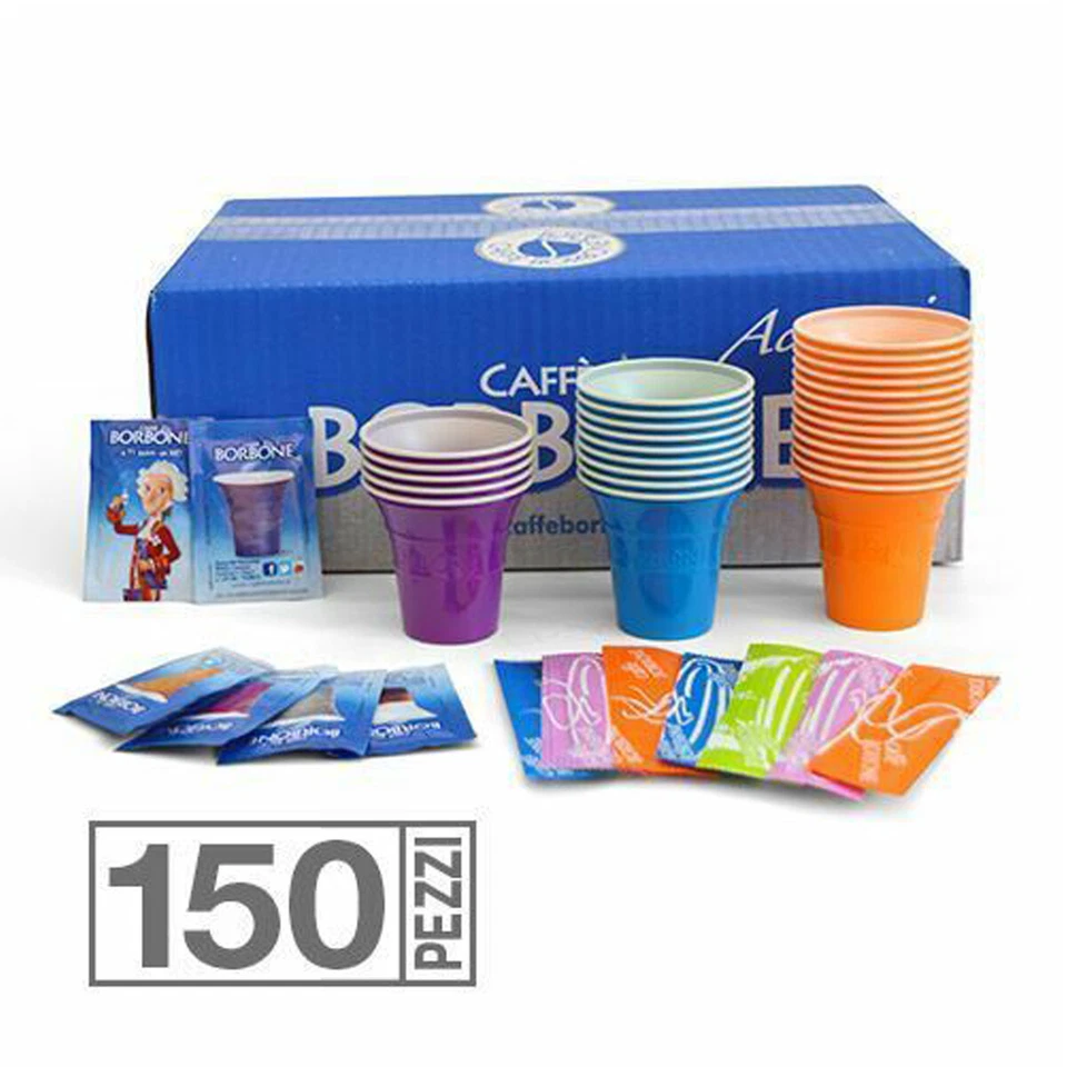 KIT BORBONE ACCESSORI 150 BICCHIERI CAFFE PALETTE BUSTINE ZUCCHERO ORIGINALE