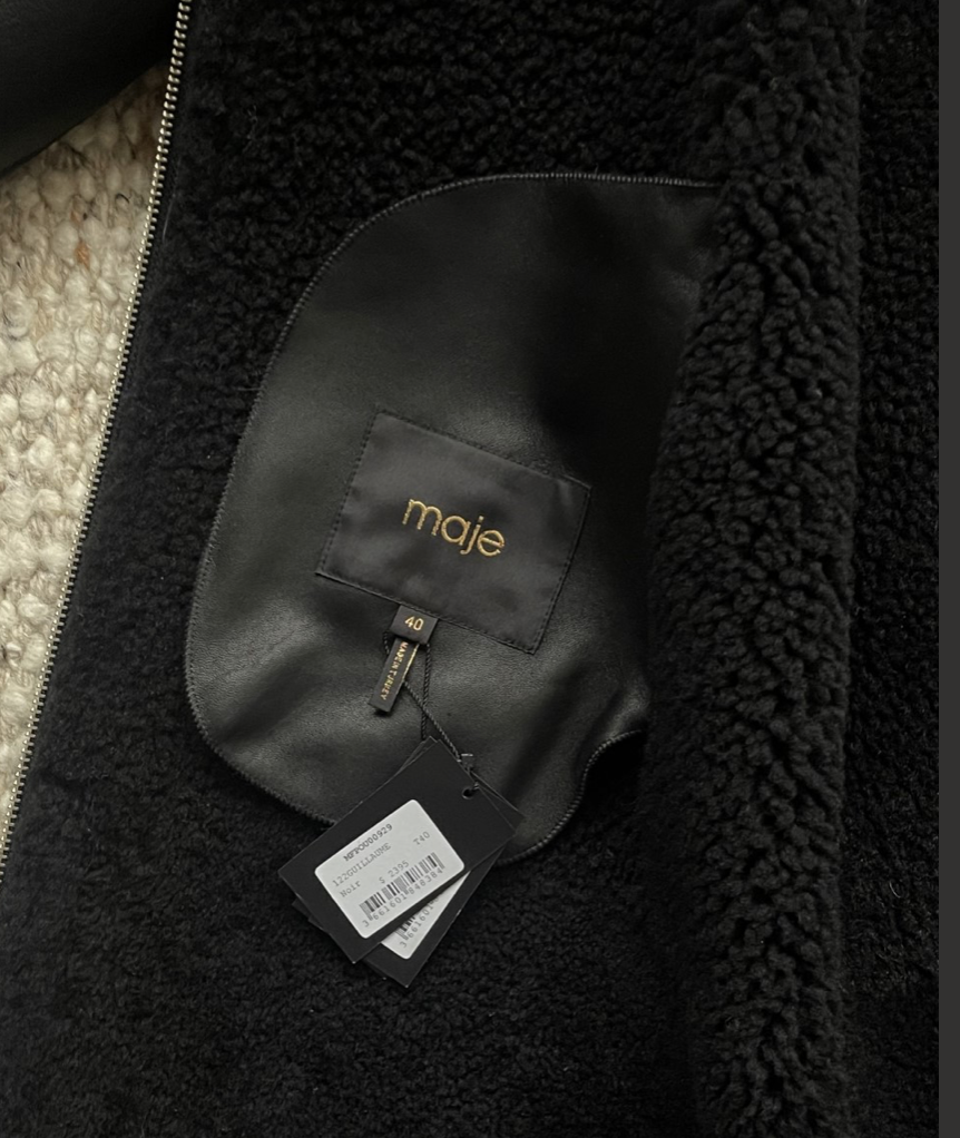 NWT MAJE black lambskin, fur trim, classic hood, front zip NWT MAJE black lambskin, fur trim, classic hood, front zip