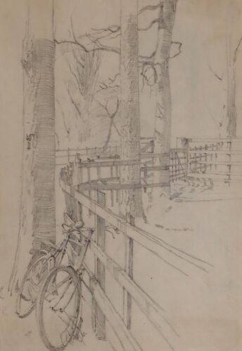 c1960 ORIGINAL DRAWING SKETCH - CYCLE BIKE BICYCLE AGAINST FENCE - Picture 1 of 3
