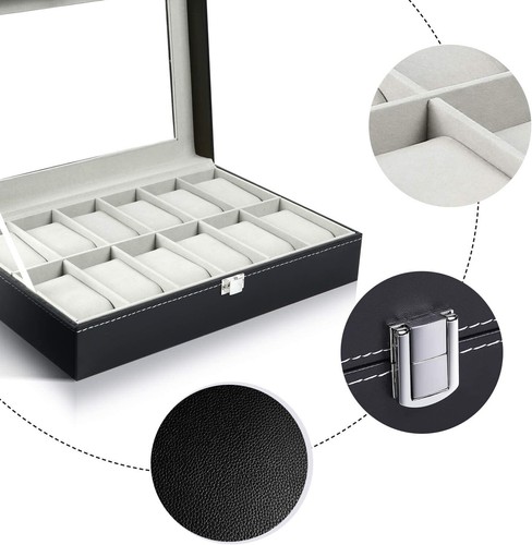 Premium Watch Box - 12 Slot Organizer with Glass Lid - Protects Watches - Picture 6 of 9