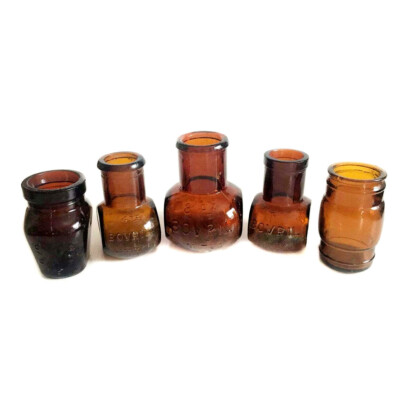5 Vintage Bovril Oxo Brown Amber Glass Bottles Pots Kitchen Shelf Decor Bundle
