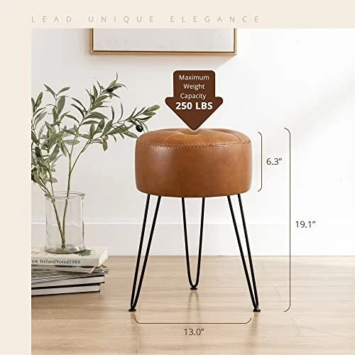 Faux Leather Vanity Stool Chair for Makeup Room,Brown Stool for Whiskey Brown - Image 3 of 4
