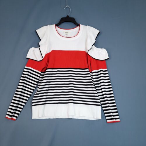 Umgee Women's Cold Shoulder Long Sleeve Blouse Top Red Black Stripe Size M