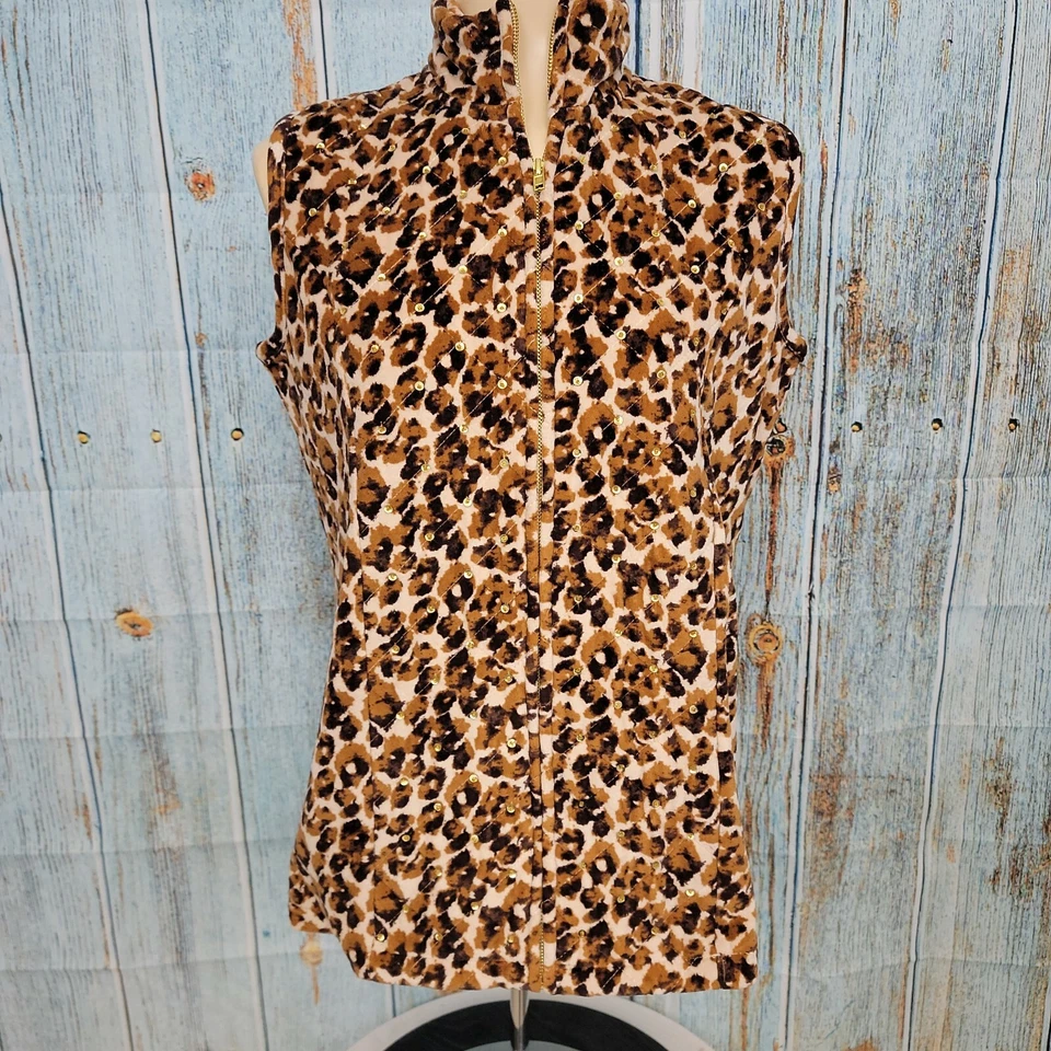 Quacker Factory Vest Womens Size XS Fleece Full Zip Sequin Beaded Leopard VTG - Image 2 of 4