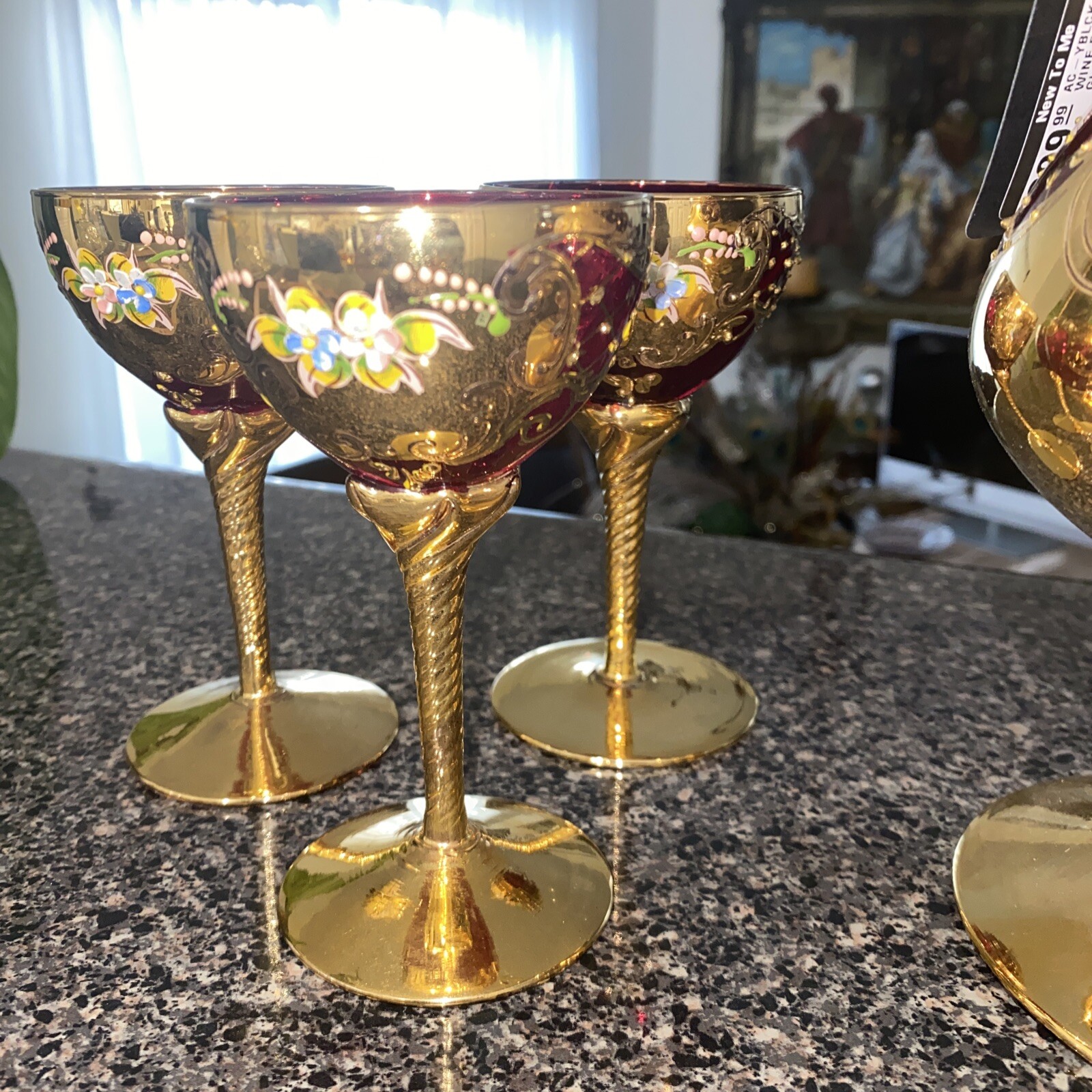 ITALIAN MURANO GLASS Decanter Set With Six 24 Gold Leaf Red Wine