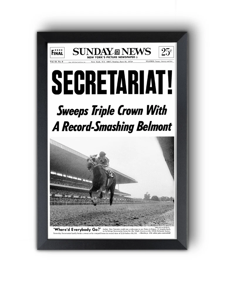 Belmont Stakes 1973 "Secretariat" triple corona ganador enmarcado portada periódico Foto 2 de 4