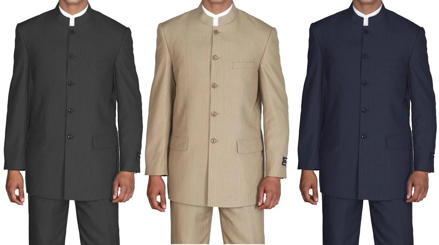 Mens-Mandarin-Collar-Black, Navy, Tan Pin-Stripe-Church-Suit-Style 925H