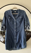Guess Womens Button Down Roll Tab Sleeves Blue 100% Cotton Midi Dress Size Large
