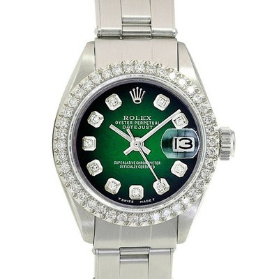 Rolex Datejust Steel Watch Green Vignettte Diamond Dial & Bezel w/ Box & Paper