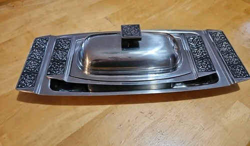Stanley Roberts Velvet Pattern Stainless Steel Butter Dish & Condiment Platter